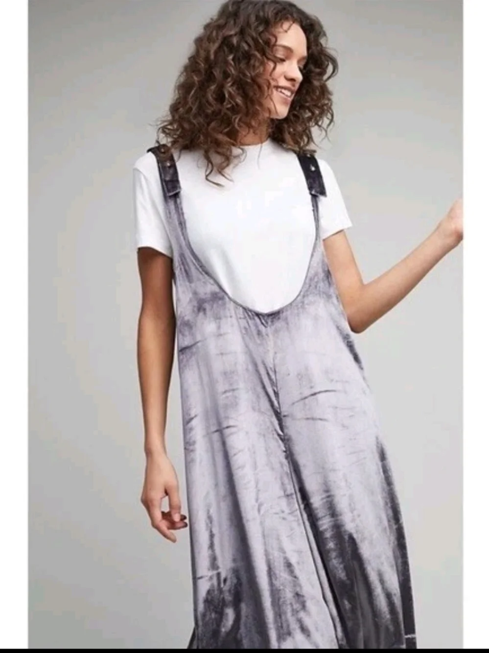 Anthropologie Maeve Silver Crushed Velvet Cropped Jumpsuit Overalls
